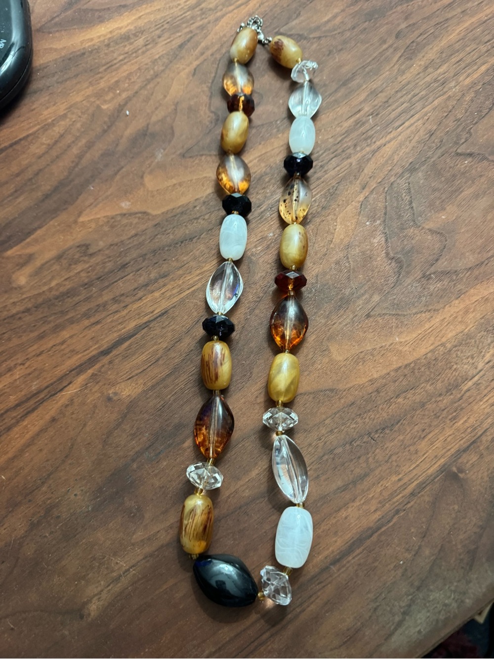 Chunky Silvertoned Beaded Faux Amber/Onyx/Crystal Necklace